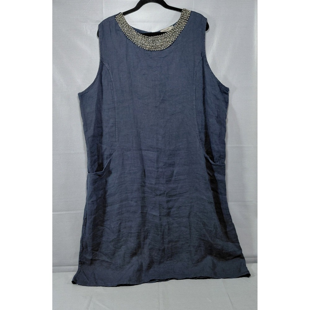 Lungo L'arno Pure Linen Shift Dress Silver Beaded Neckline 3X Navy Blue
